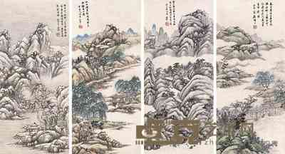 顾麟士 山水 四屏 78×35cm×4
